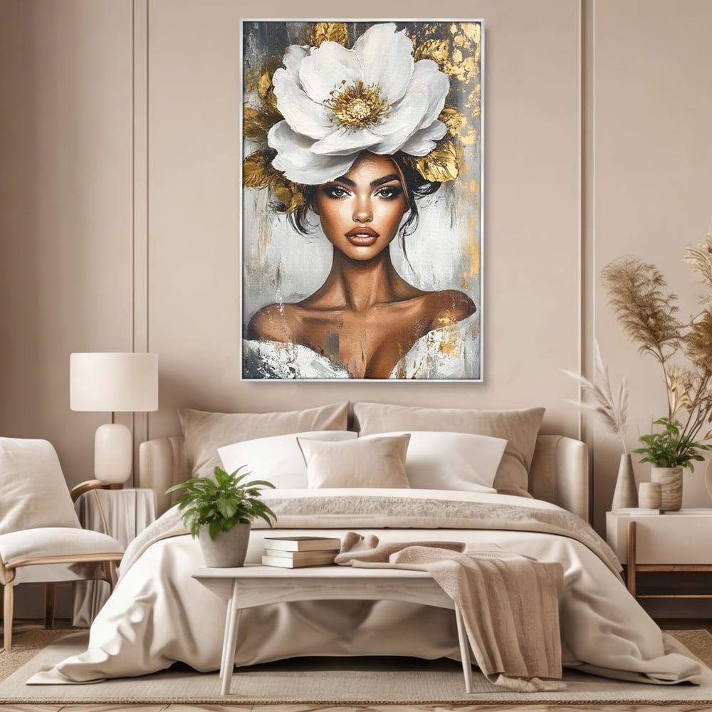 Tablou canvas cu tablou canvas cu portret de femeie si floare, in rama de aluminiu argintiu, pe perete intr-un dormitor